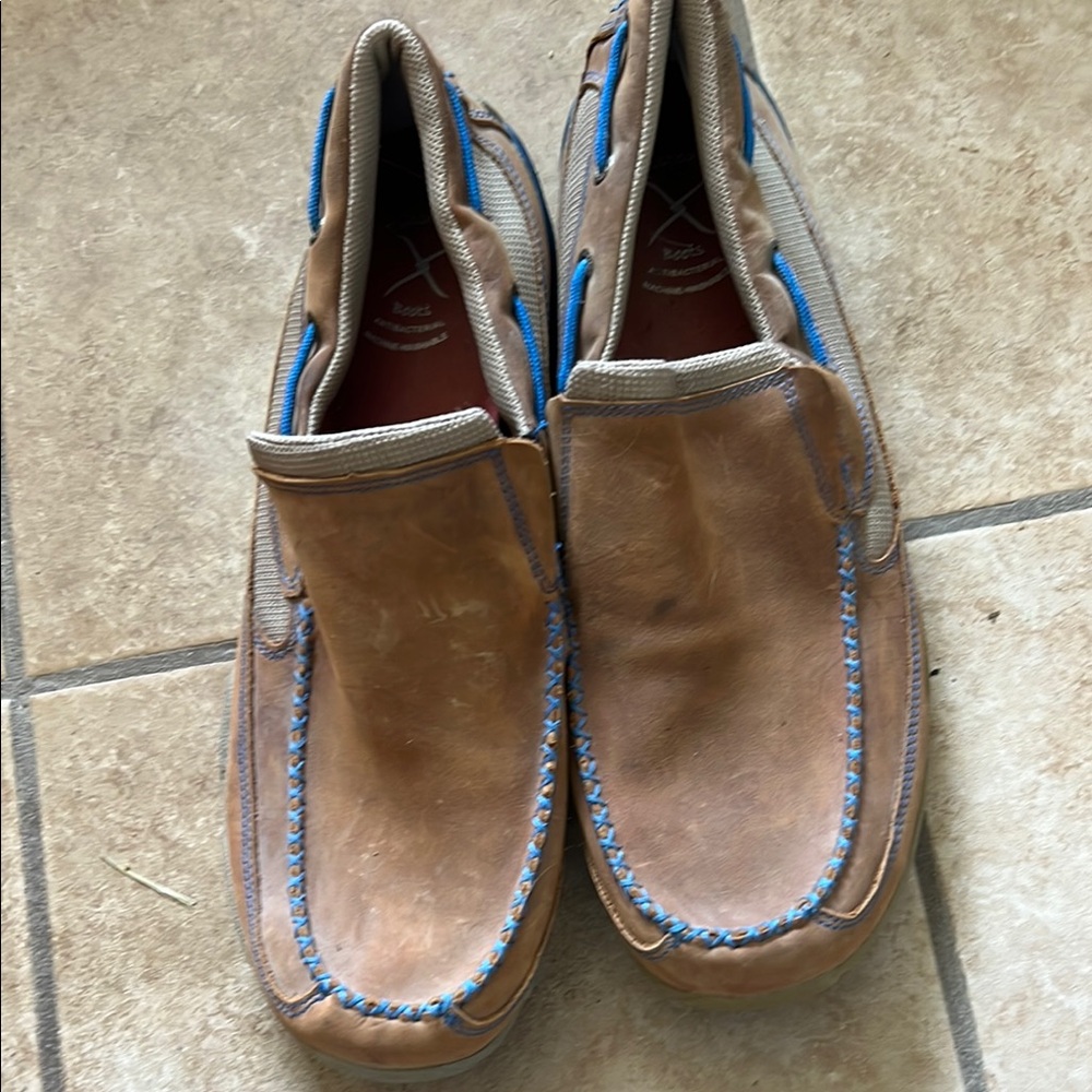 Twisted X Tan Leather Loafers with Blue Accents